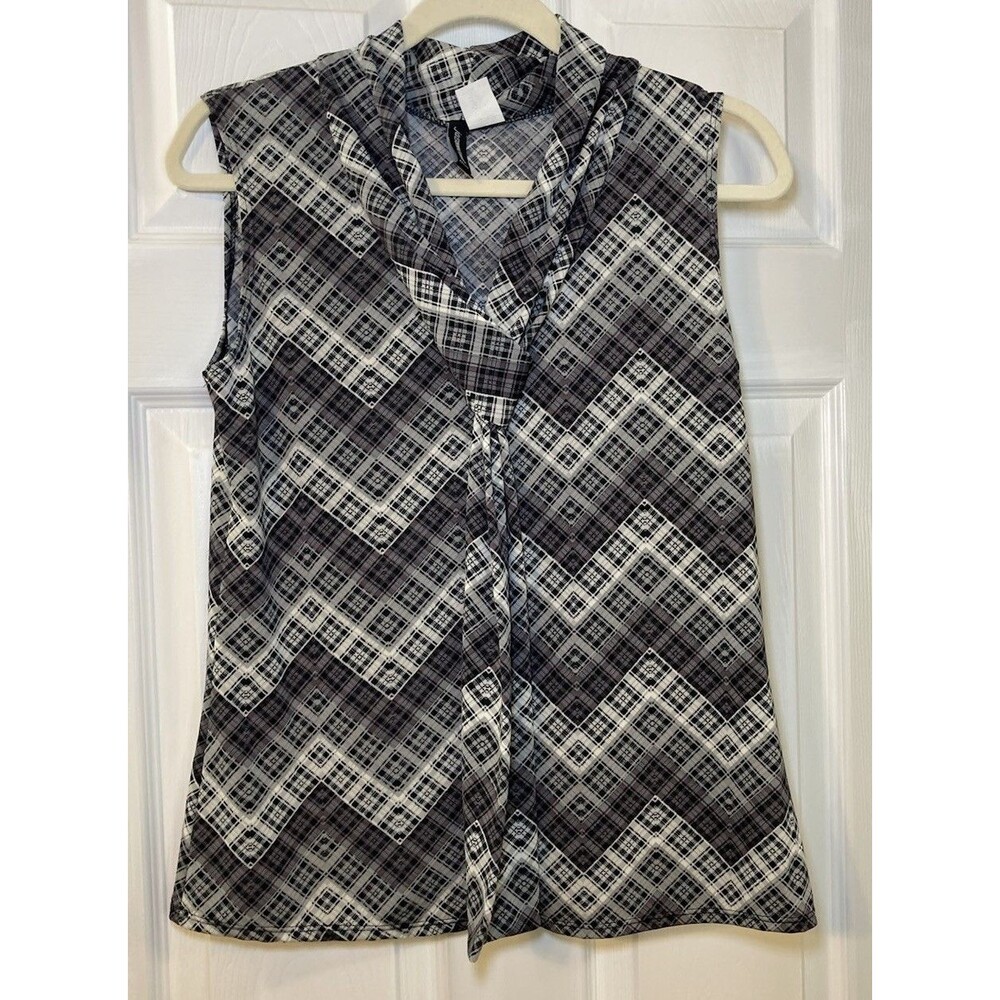 Jason Maxwell Black White Gray Sleeveless Collared Geometric Blouse PL